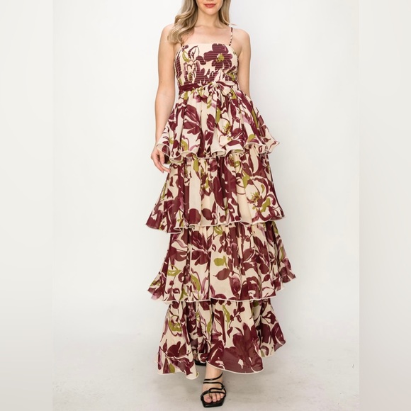 Floral Print  Multicolor Sleeveless Smocked Tiered Maxi Dress - Picture 1 of 5